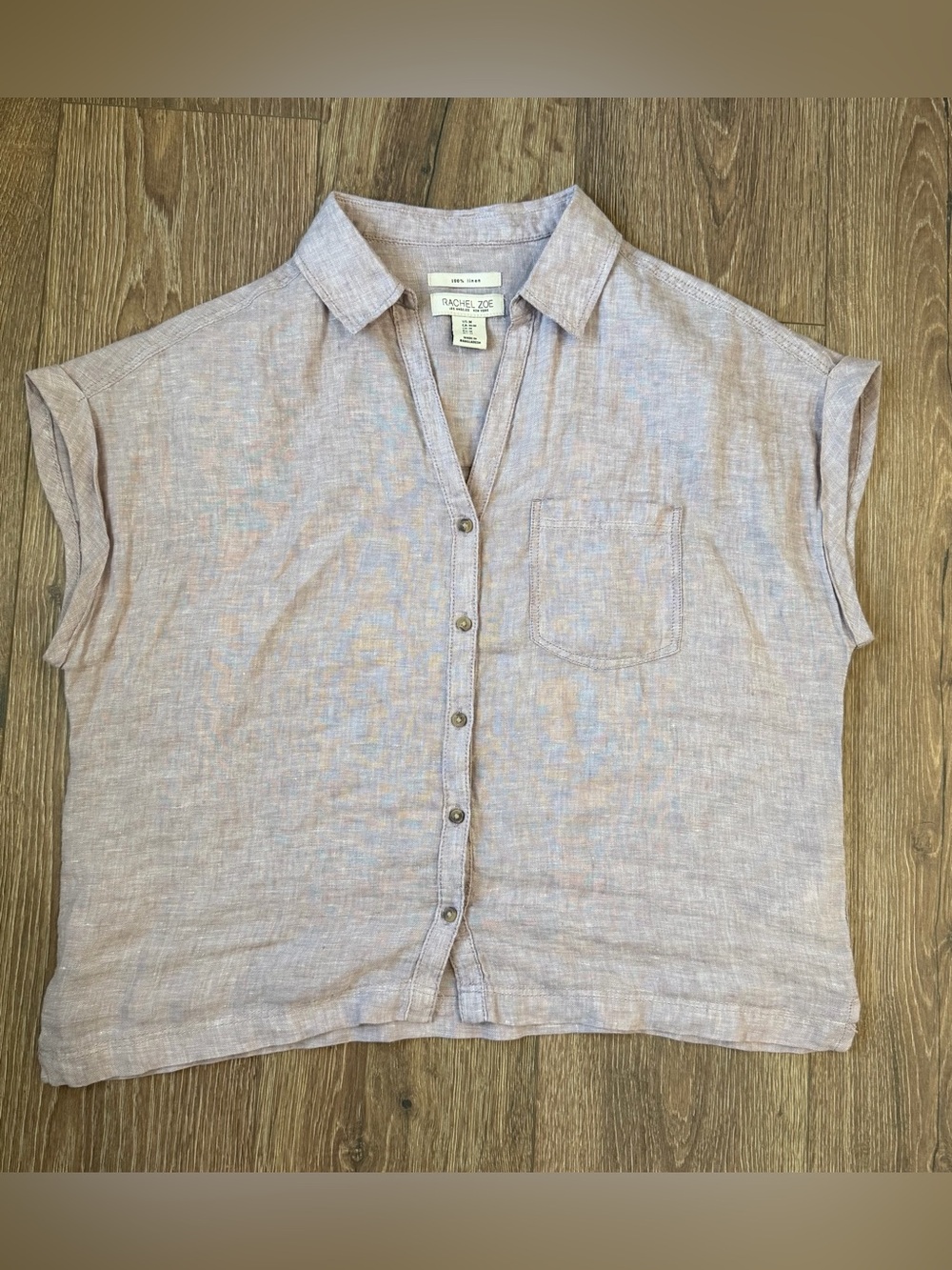 Rachel Zoe Womens 100% Linen Button Up Shirt Short Sleeve Purple Boxy Medium